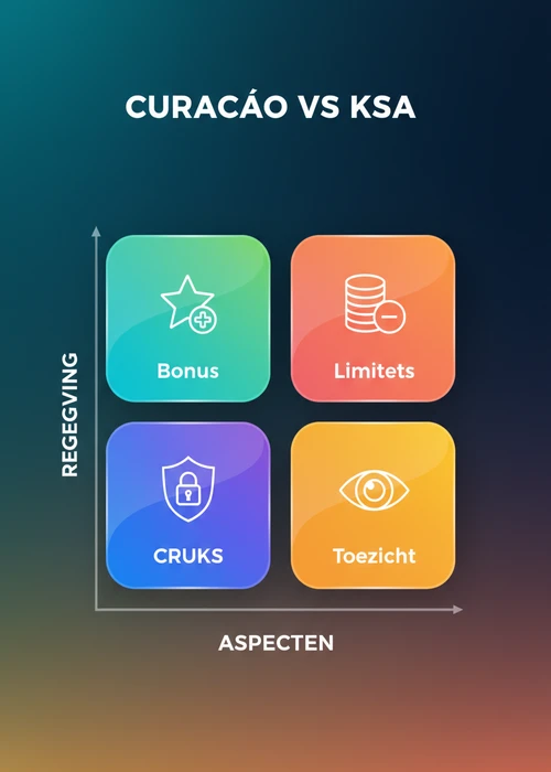 Curacao versus KSA bij online casino Curacao vergeleken op bonus, limieten, CRUKS en toezicht in een matrix.
